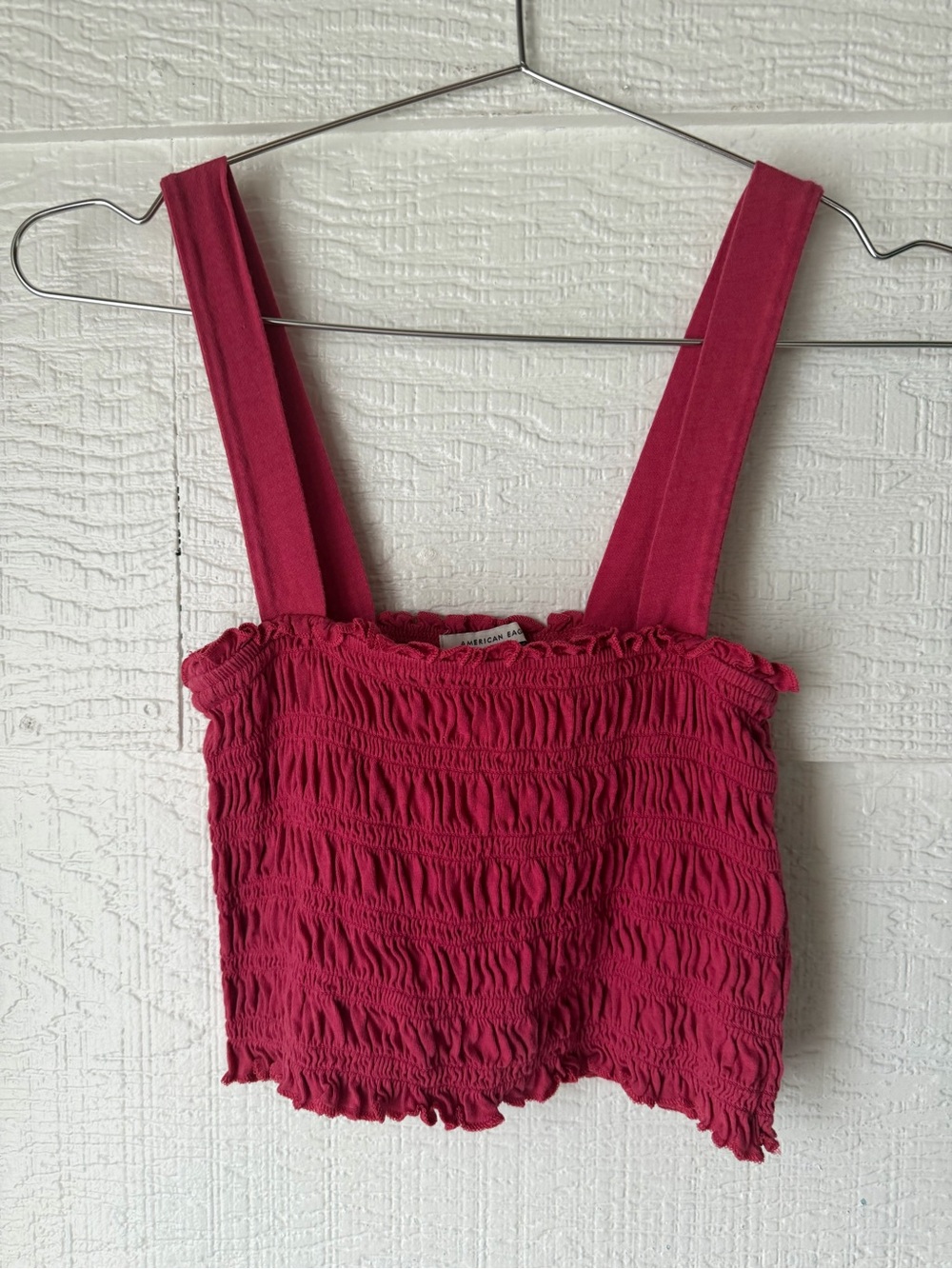 American Eagle Smocked Crop Top XS Dark Coral Ruffle Sleeveless
